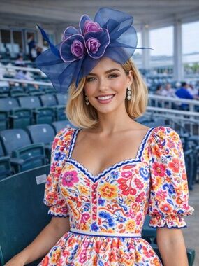 Kentucky Derby Hat New Navy Organza Floral Feather Fascinator Kentucky Oaks